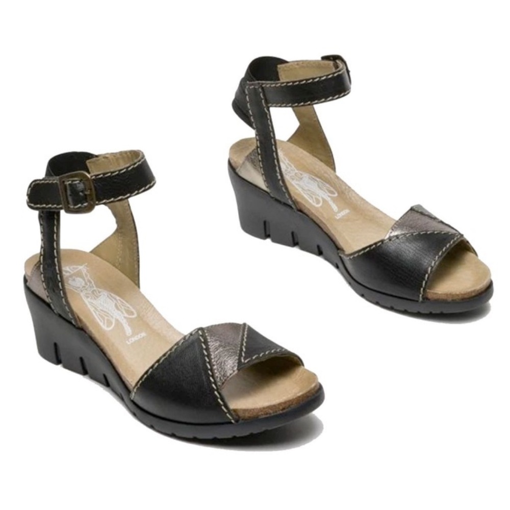 FLY London Imat Leather ColorBlock Metallic/Brown AnkleStrap Wedge Sandal 7.5-8